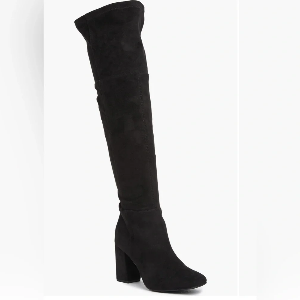 BP CALI STRETCH OVER THE KNEE BOOT BLACK FAUX SUEDE HEEL 3 1/4” SIZE 8.5 MEDIUM